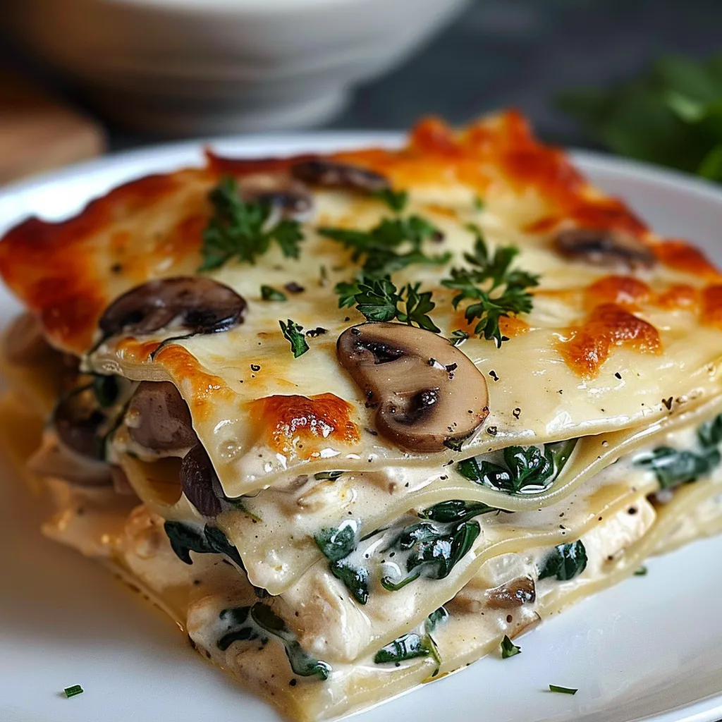 Eine prägnante Bildbeschreibung auf Deutsch lautet: "Ein Schmelztisch mit Mushrooms und Spinach auf einem weißen Teller."
