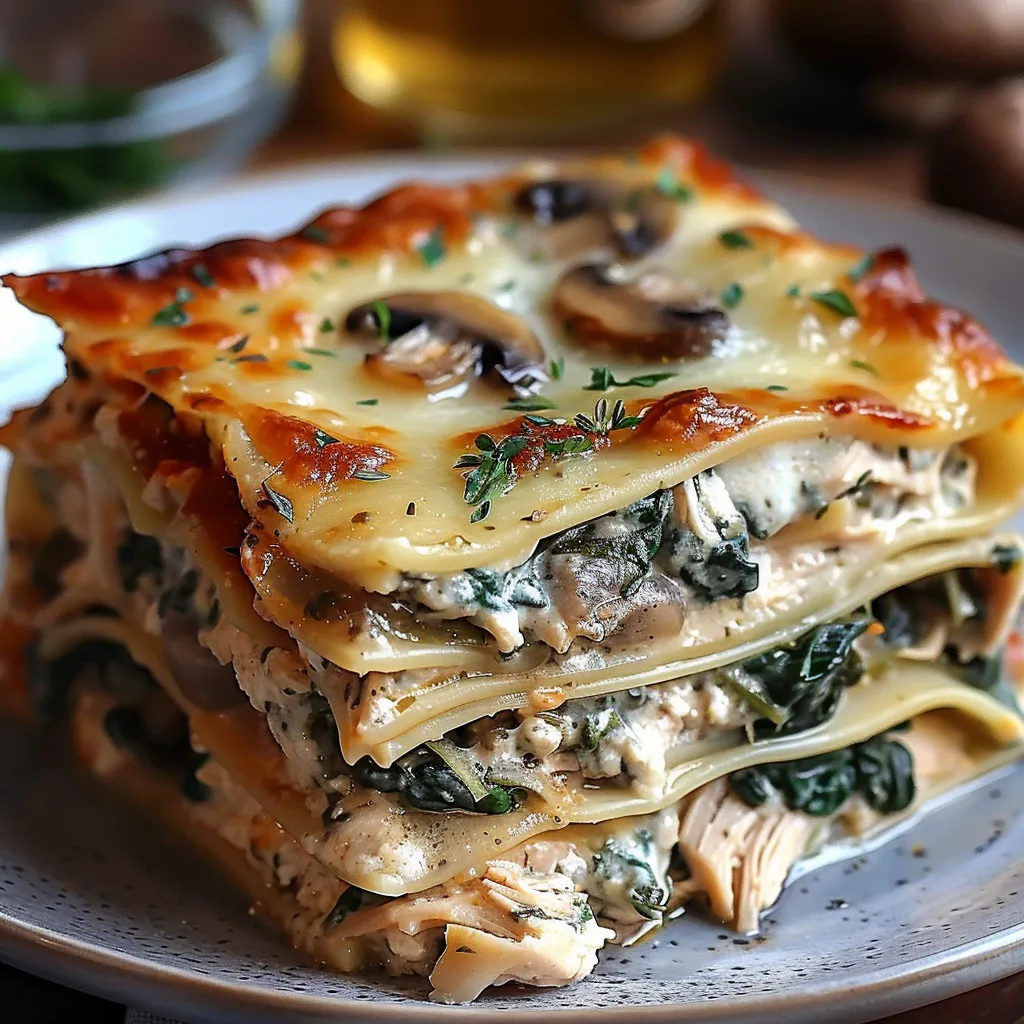 Eine Platte mit einer Lasagne, die mit Spinat, Zwiebeln und Käse garniert ist.