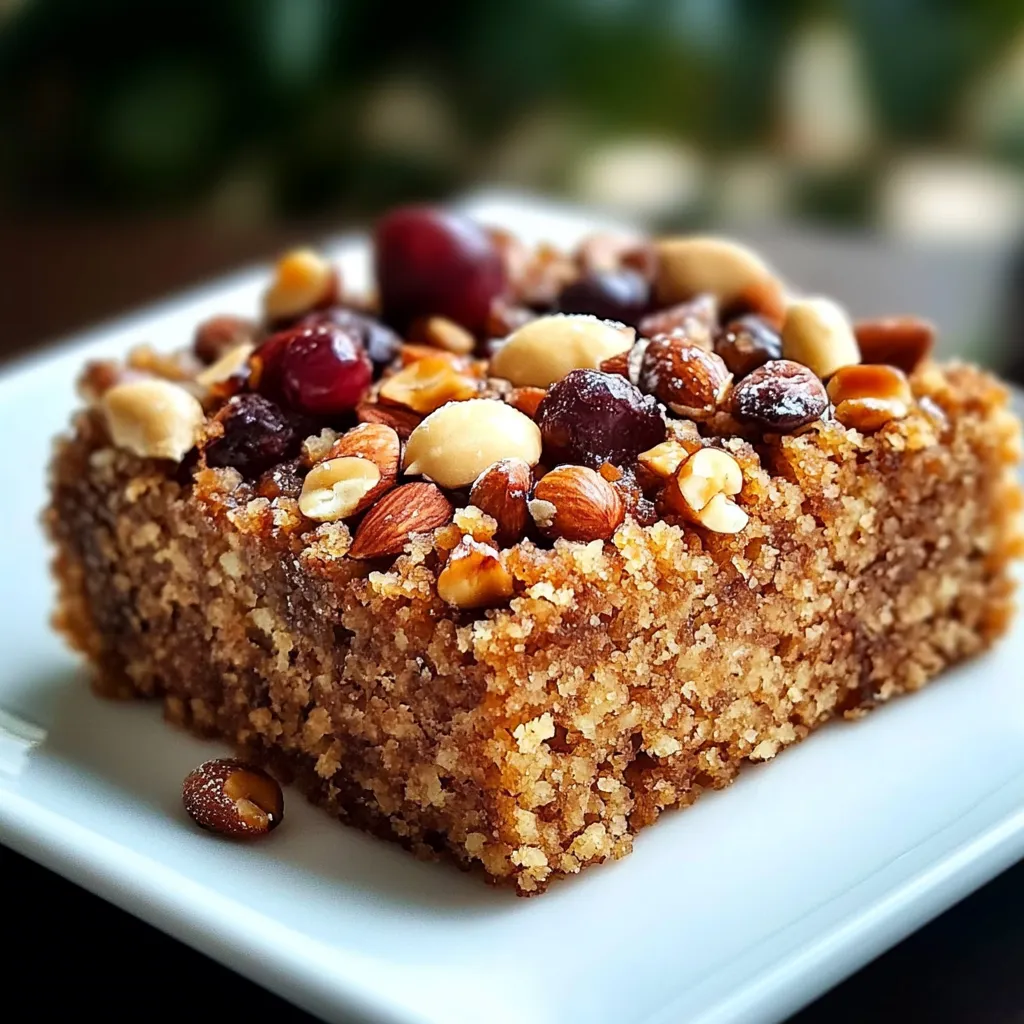 Ein weißer Teller mit einem Kuchen, der mit Nüssen und Früchten garniert ist.