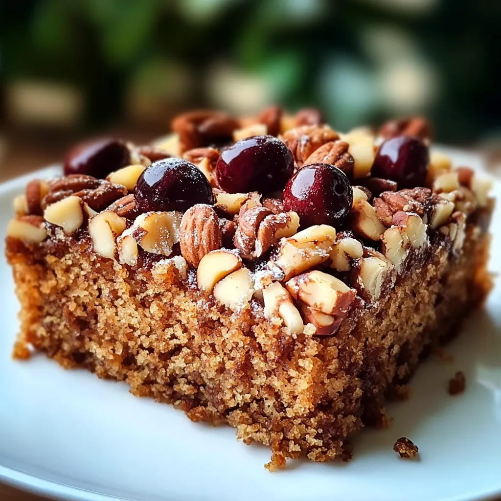 Ein Kuchen mit Nüssen und Cherry-Fruchtgarnitur auf einem weißen Teller.
