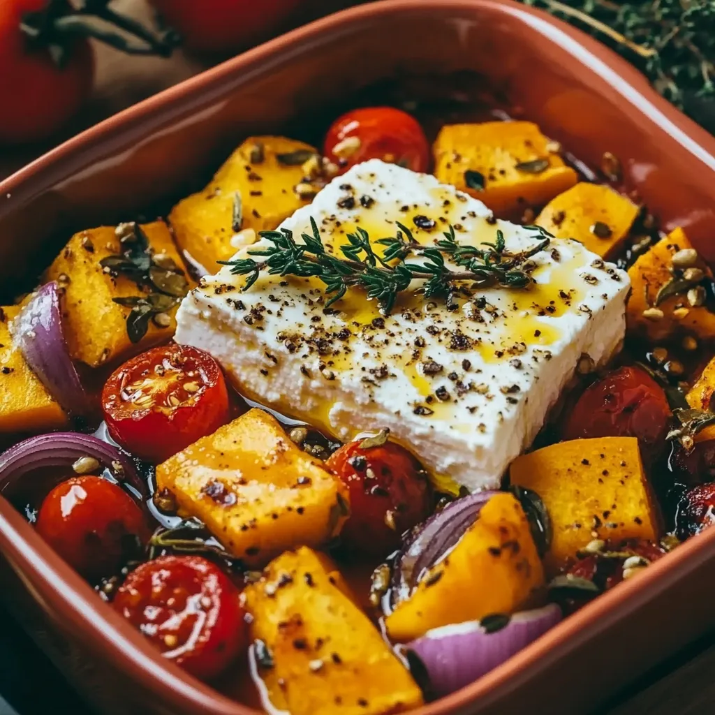 Ein Ofenkürbis mit Feta in einem Behälter.