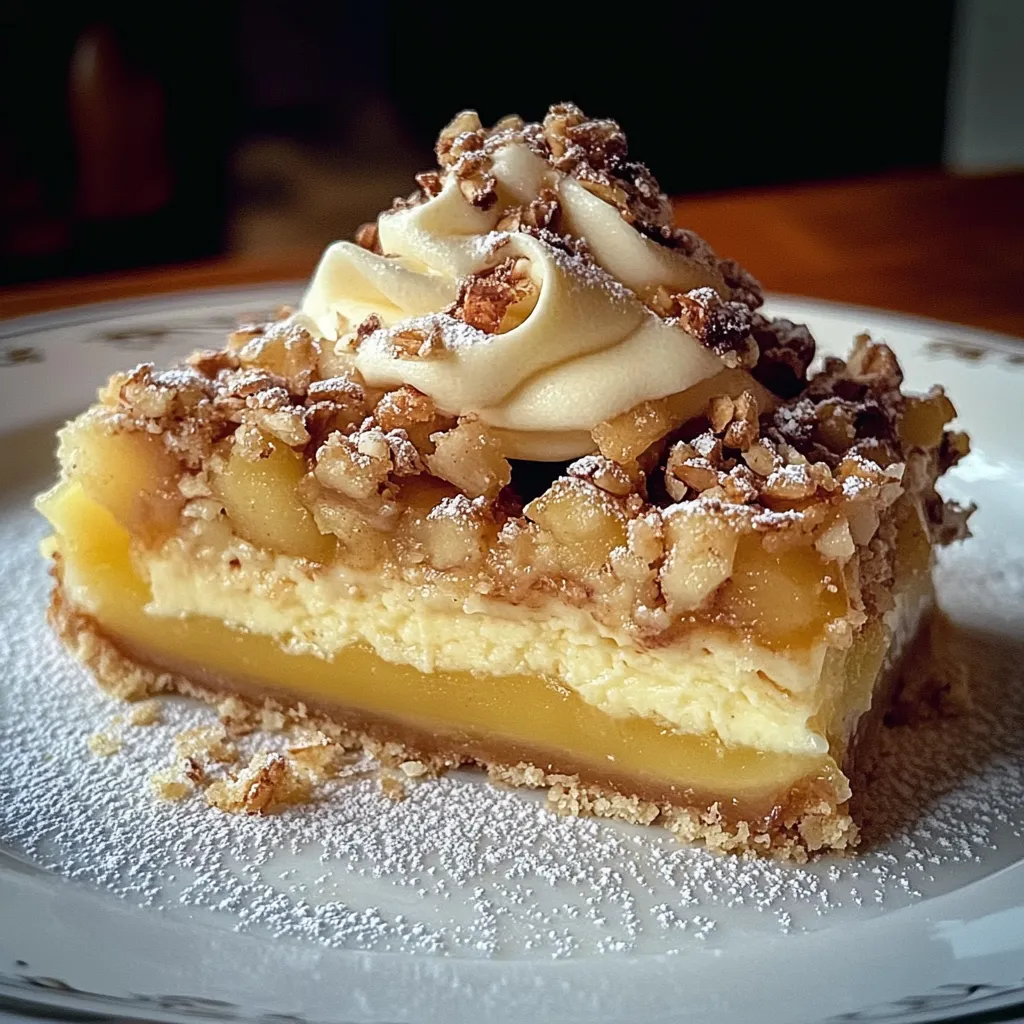 Ein Stück Apfel-Nusskuchen mit Vanillepudding auf einem weißen Teller.