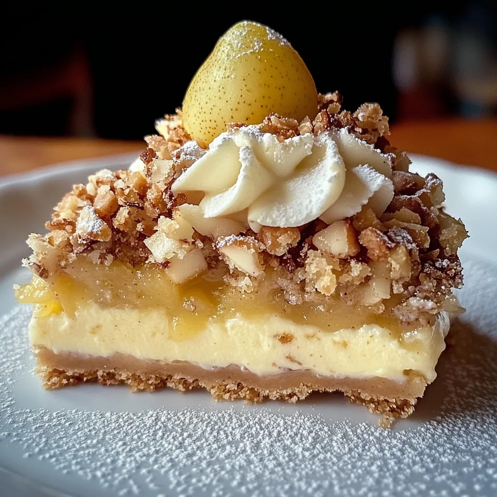 Ein Apfel-Nusskuchen mit Vanillepudding auf einem weißen Teller.