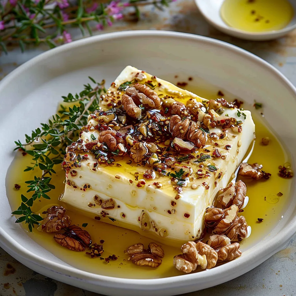 Ein weißer Teller mit einer Portion von Walnuss-Butter, die mit Gewürzen und Kräutern garniert ist.