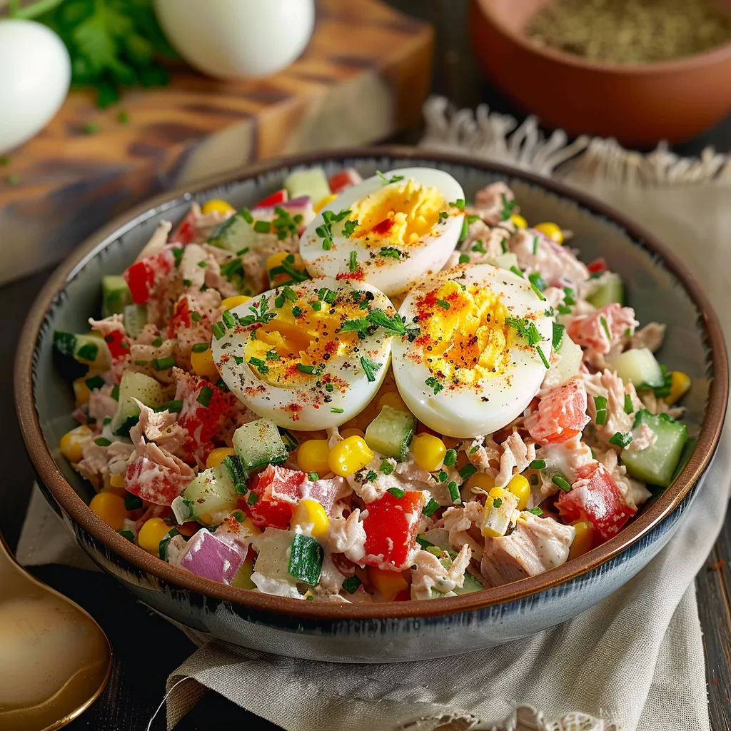 Ein Schüssel mit Salat und Eiern.
