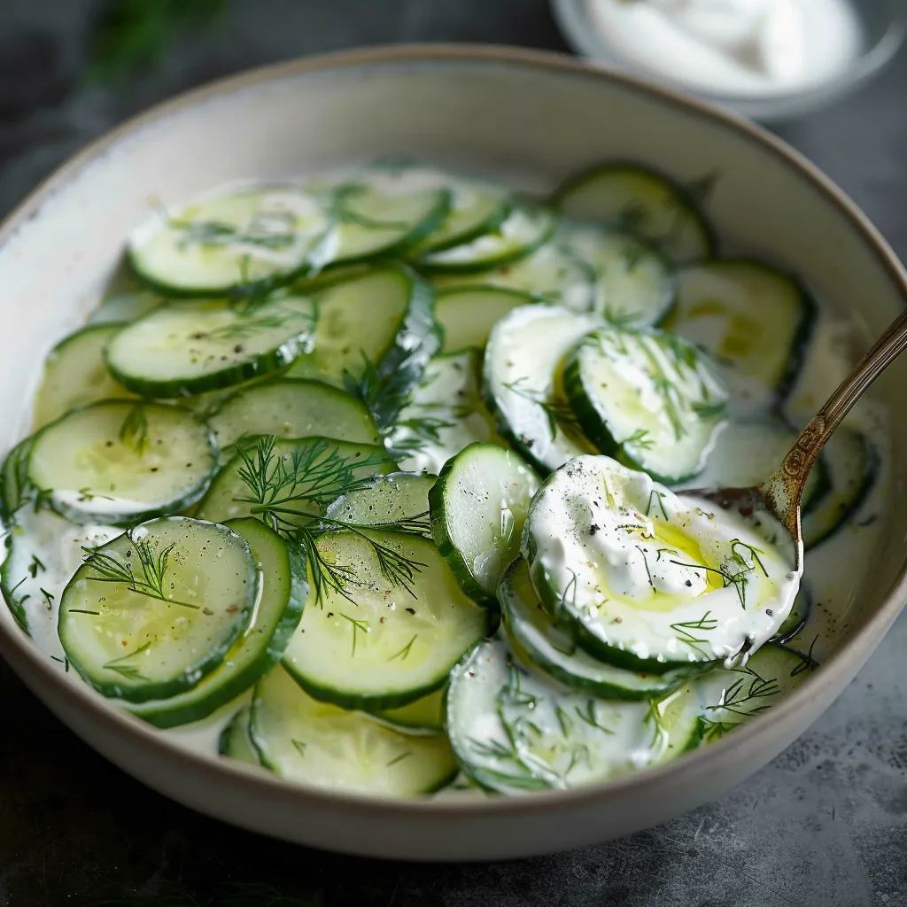 Ein großer, weißer Becher mit einer Mischung aus Zucchini, Mayonnaise und Kräutern.