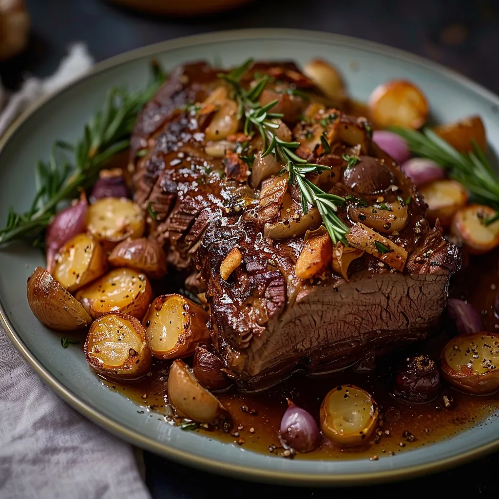Ein Plate mit Rindfleisch, Onions, Zwiebeln, Kartoffeln und Zwiebeln.