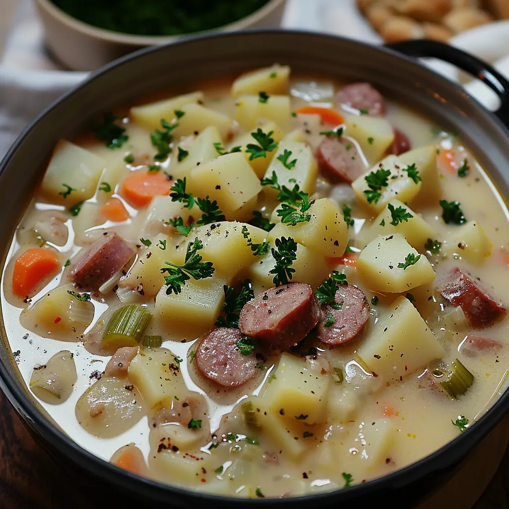 Ein Topf mit einer Mischung aus Kartoffeln, Zwiebeln, Karotten, Rindfleisch und Kartoffelsticks.