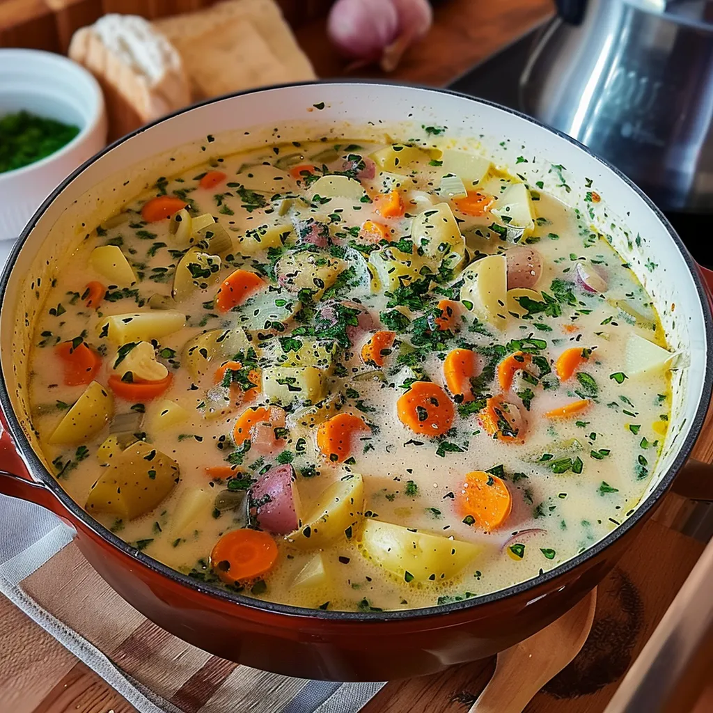 Ein großer Topf mit einer Mischung aus Gemüse, darunter Karotten, Zwiebeln und Knoblauch, auf einem Tisch.