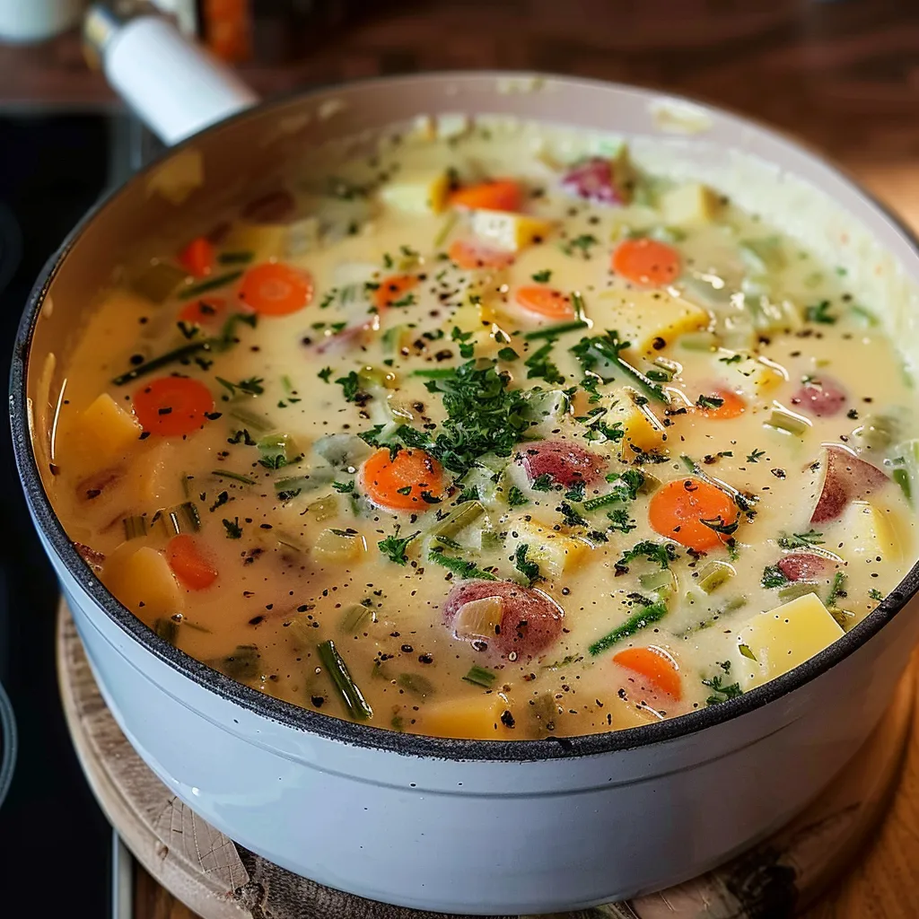 Ein weißer Topf mit einer Mischung aus Gemüse, darunter Karotten, Zwiebeln und Kartoffeln.