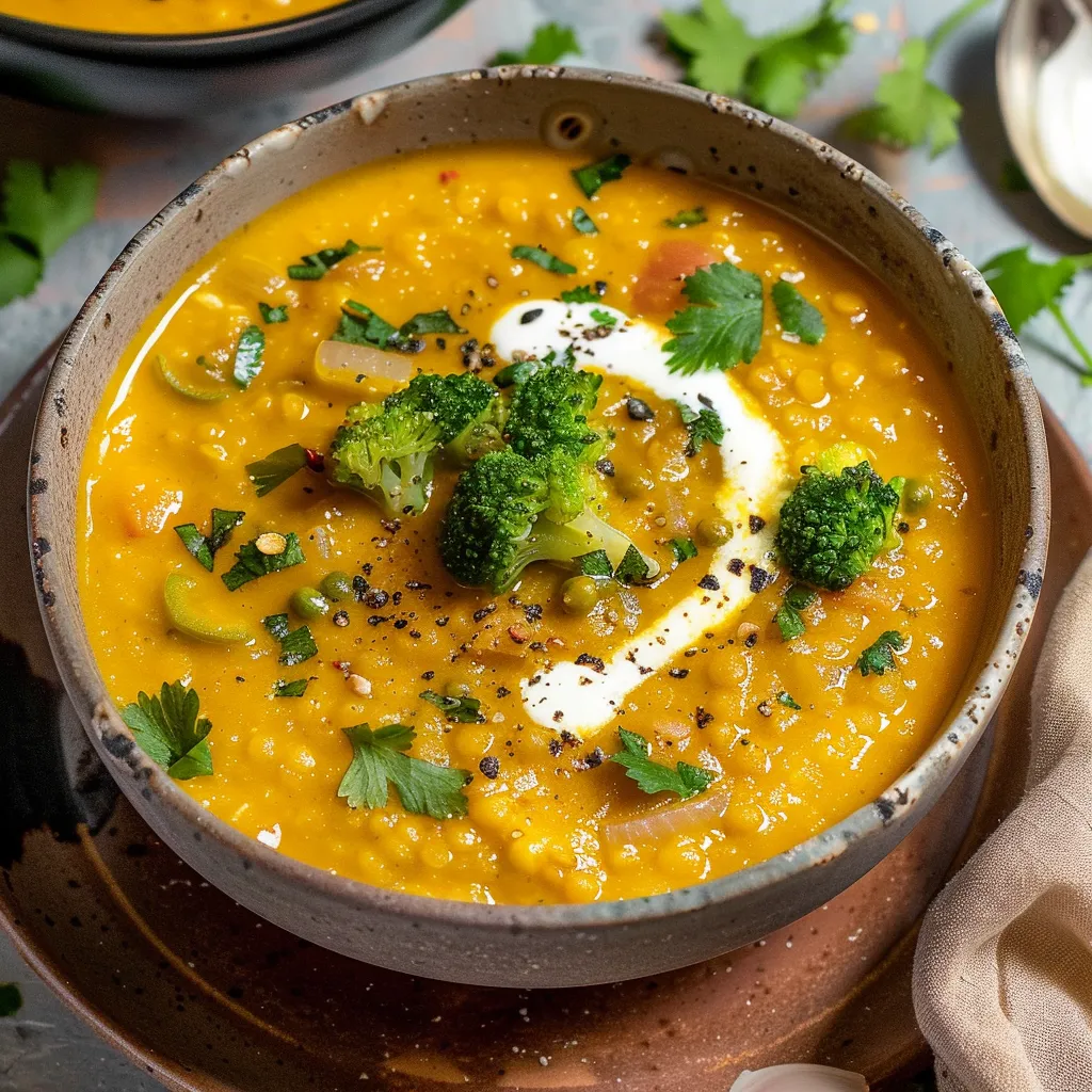 Ein Topf mit einer cremigen Suppe, die mit Brokkoli und Koriander garniert ist.