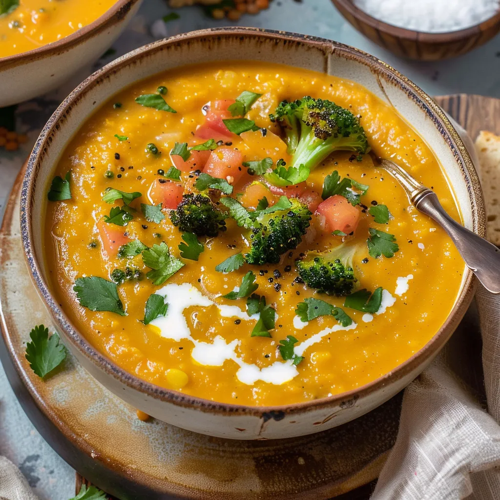 Ein Topf mit einer cremigen Suppe, die mit Tomaten, Broccoli und Koriander garniert ist.