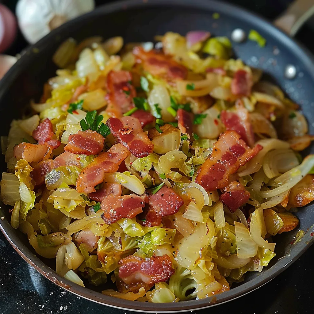 Ein Schmelztopf mit einer Mischung aus Bacon, Kohl, Zwiebeln und anderen Zutaten.