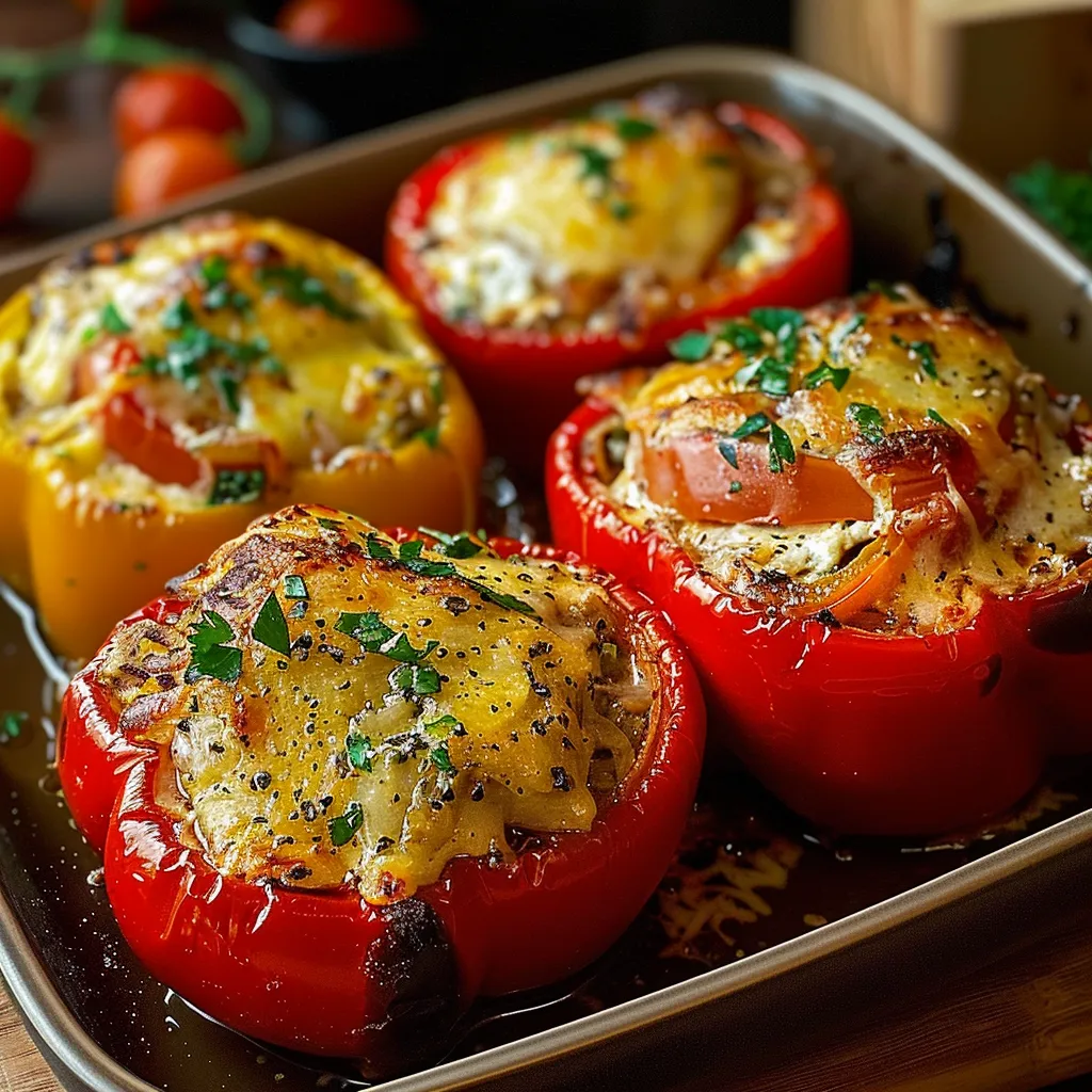 Eine Schüssel mit sechs roten Paprika, die mit Käse und Kräutern garniert sind.