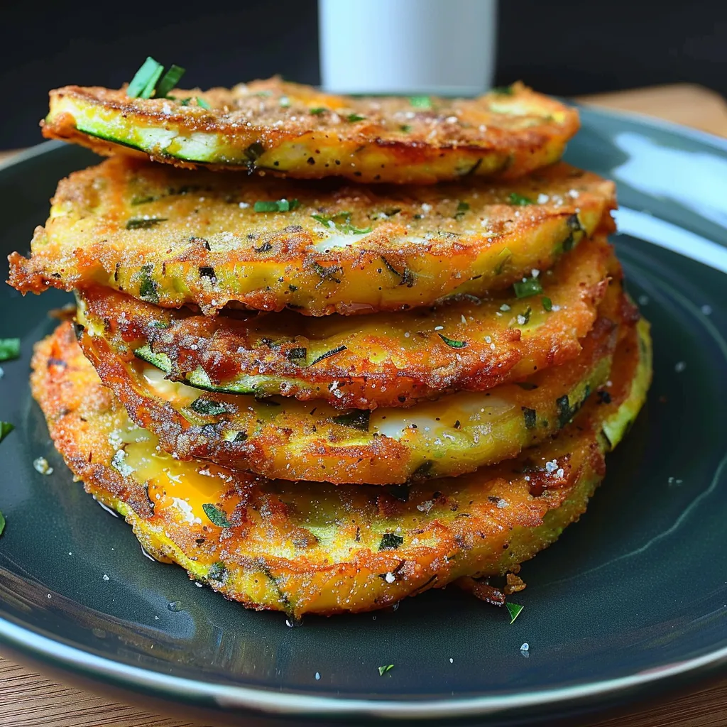 Eine Platte mit Zucchini-Pancakes, die in einer Schicht aufeinandergereicht sind.