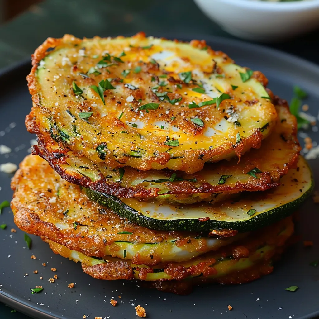 Eine Platte mit Zucchini-Pancakes, die mit Zwiebeln und Kräutern garniert sind.