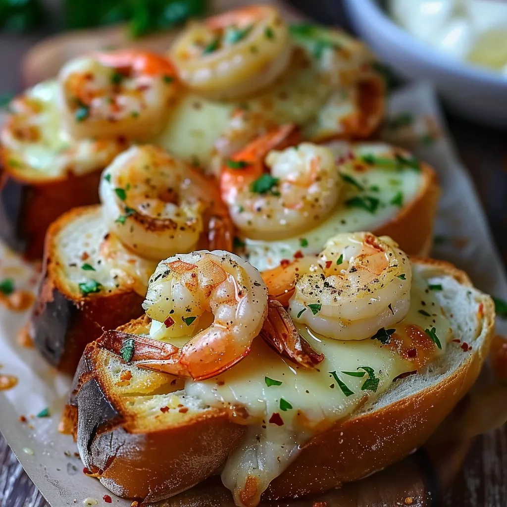 Eine Schmelztarte mit Shrimp und Käse auf einem Teller.