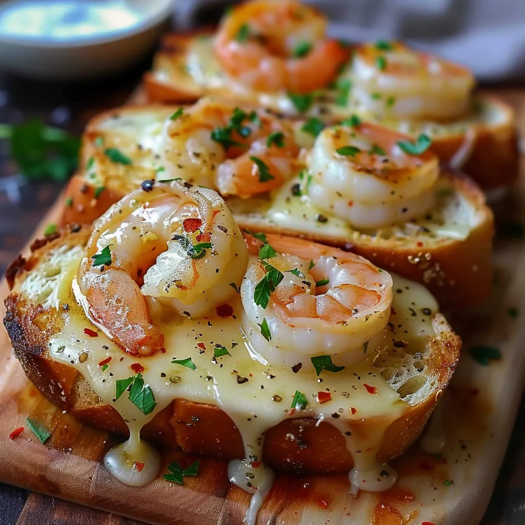 Eine Scheibe Toast mit Shrimp und Mayonnaise auf einem Brett.