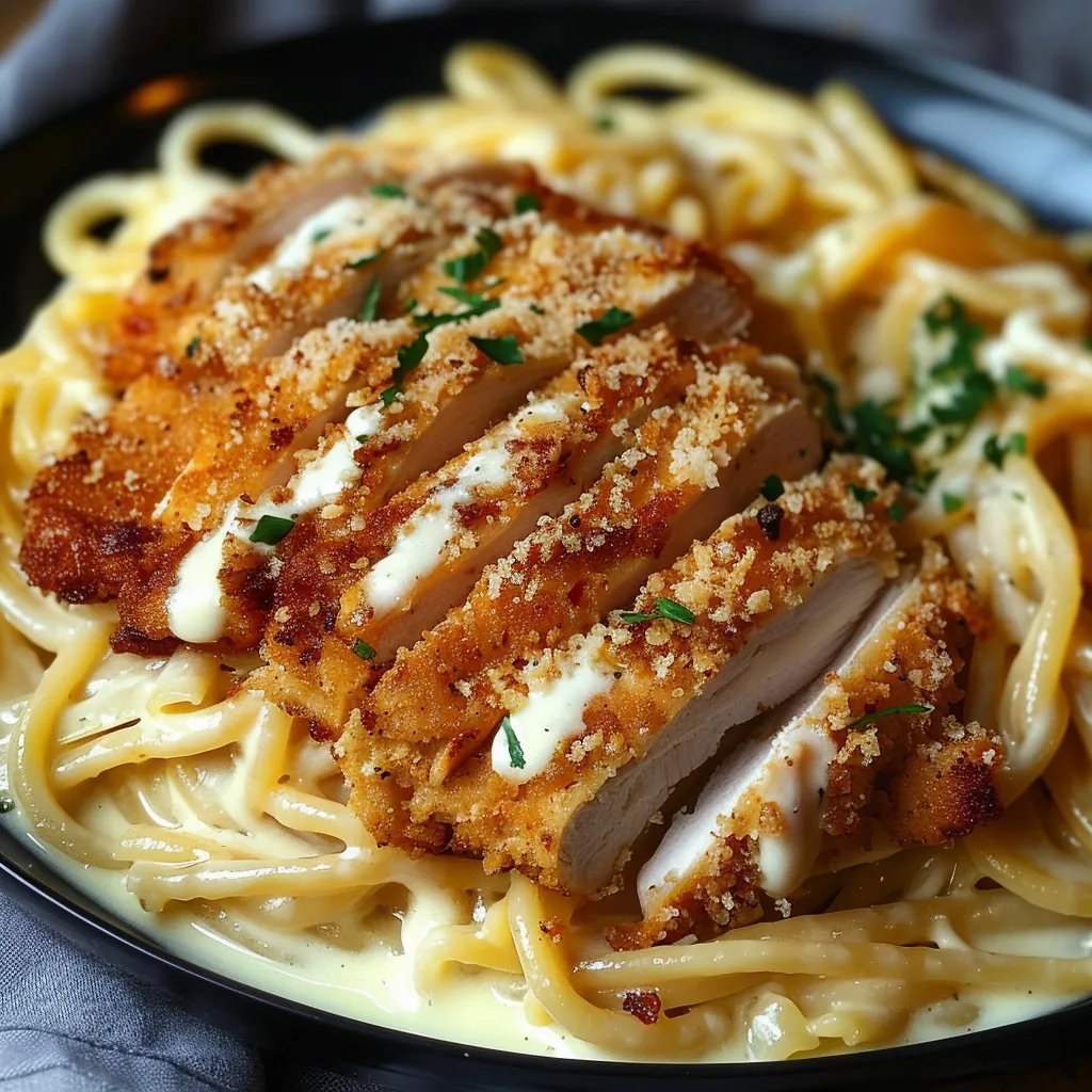 Ein Schnitzel mit Pasta und Zwiebeln.