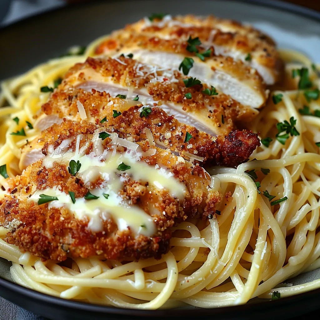 Ein Schnitzel mit Parmesan und Pasta.