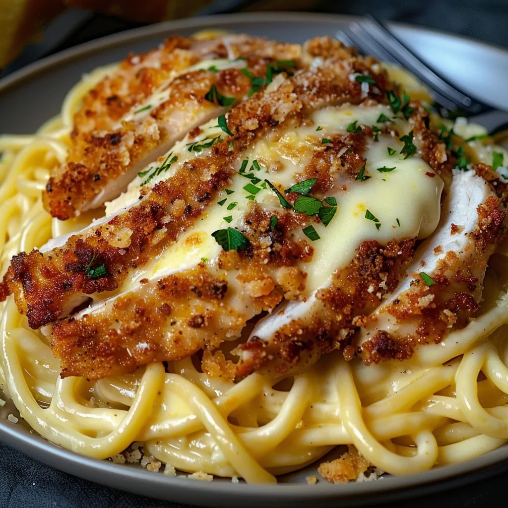 Ein Schnitzel mit Parmesan und Zwiebeln auf Pasta.