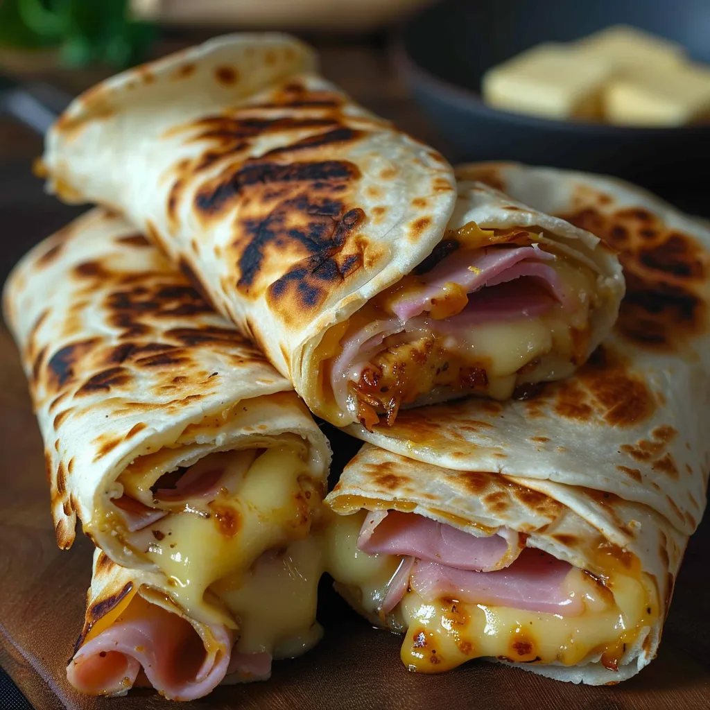 Eine Schicht aus Ham und Käse auf einem Tortilla-Brett.