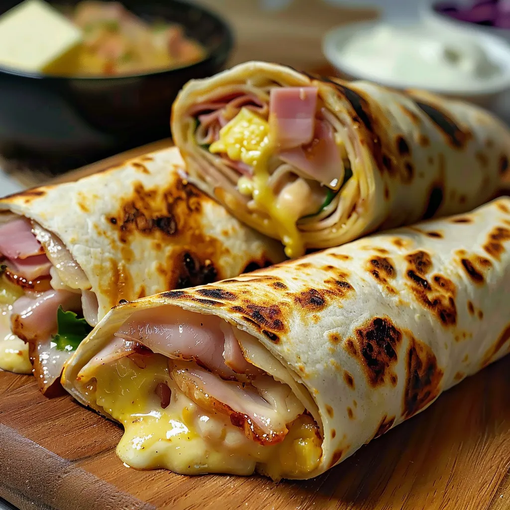 Eine prägnante Bildbeschreibung auf Deutsch lautet: "Ein Sandwich mit Schinken, Ham, Eiern und Käse auf einem Tisch.