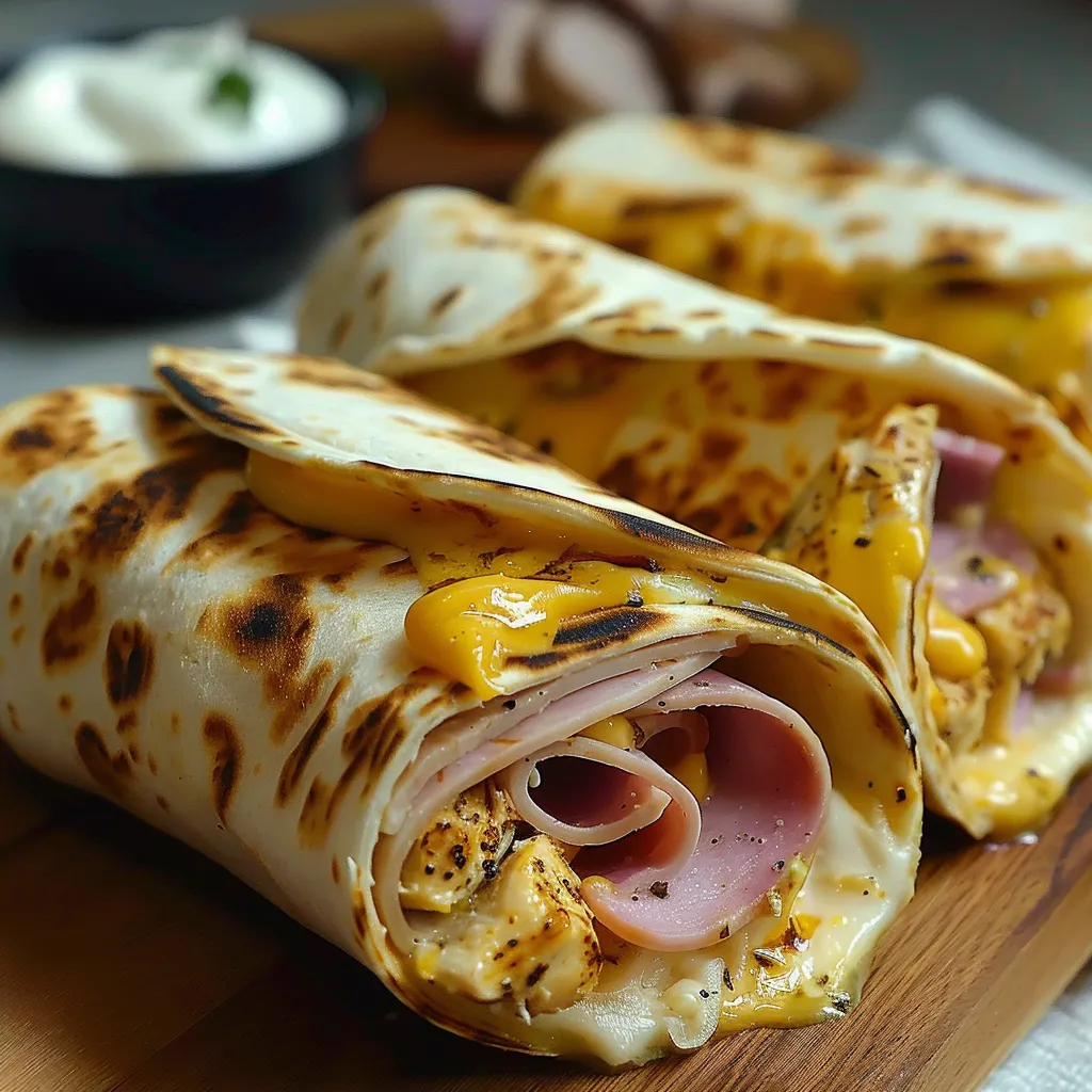 Ein Sandwich mit Pinkan, Ham und Käse auf einem Holzbrett.