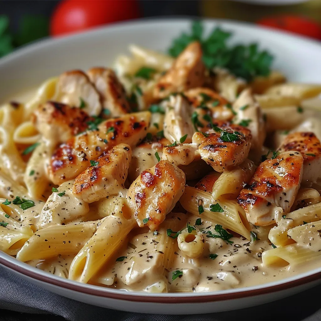 Ein Plate mit Pasta und Chicken.