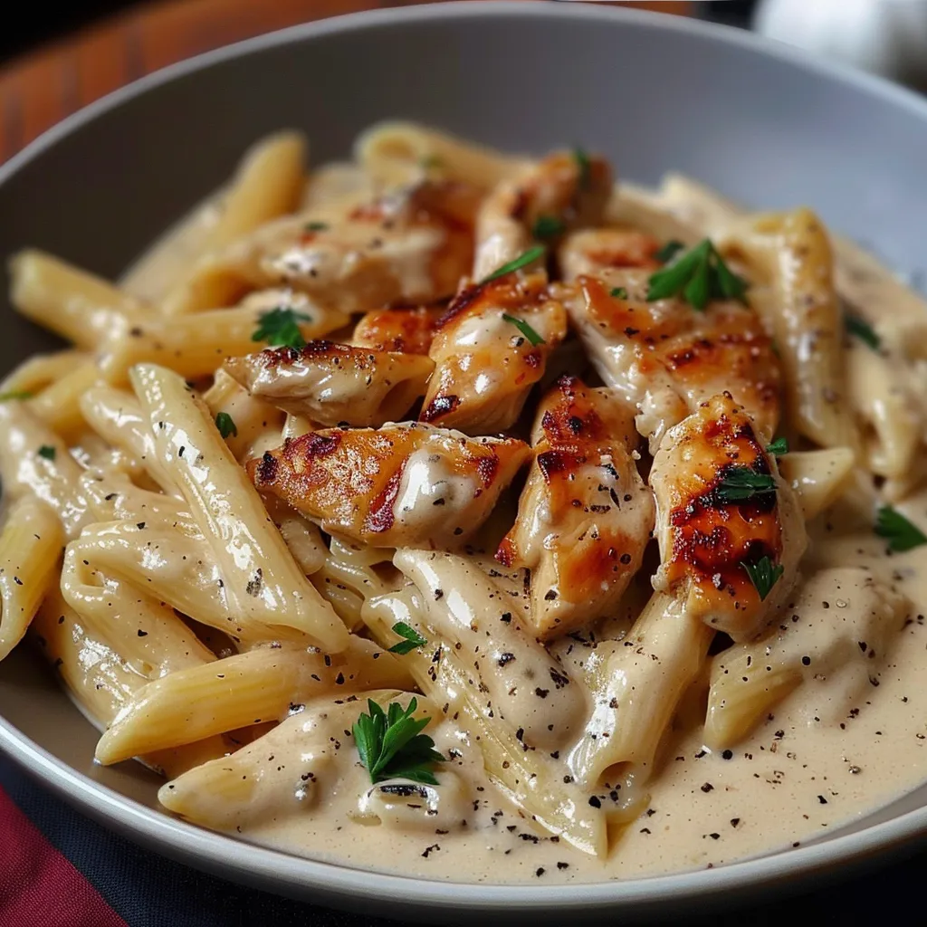 Ein weißer Teller mit Penne-Nudeln und gebratenem Chicken.