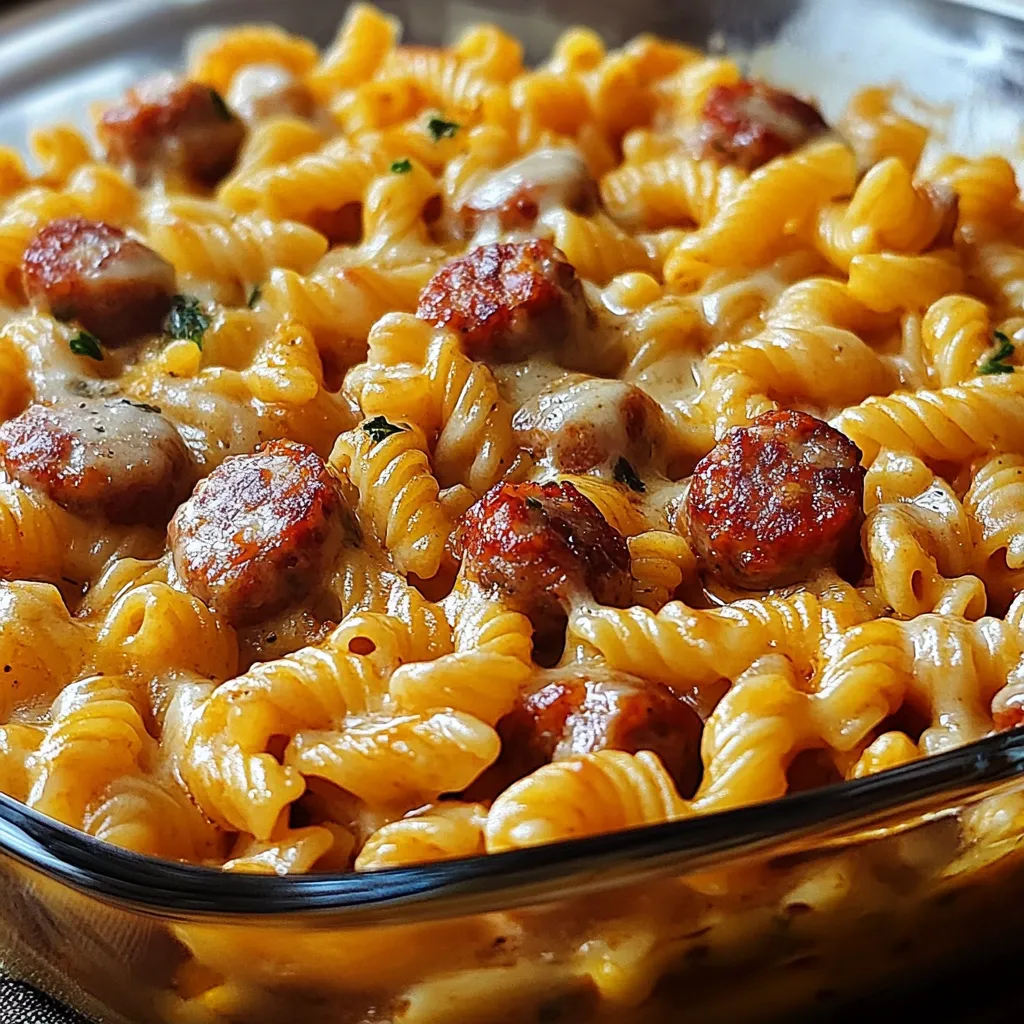 Eine Pfanne mit Schnelle Makkaroni Wurst.
