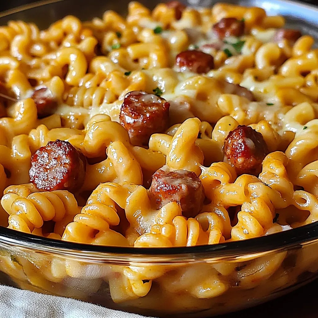 Eine Pfanne mit Schnelle Makkaroni Wurst.