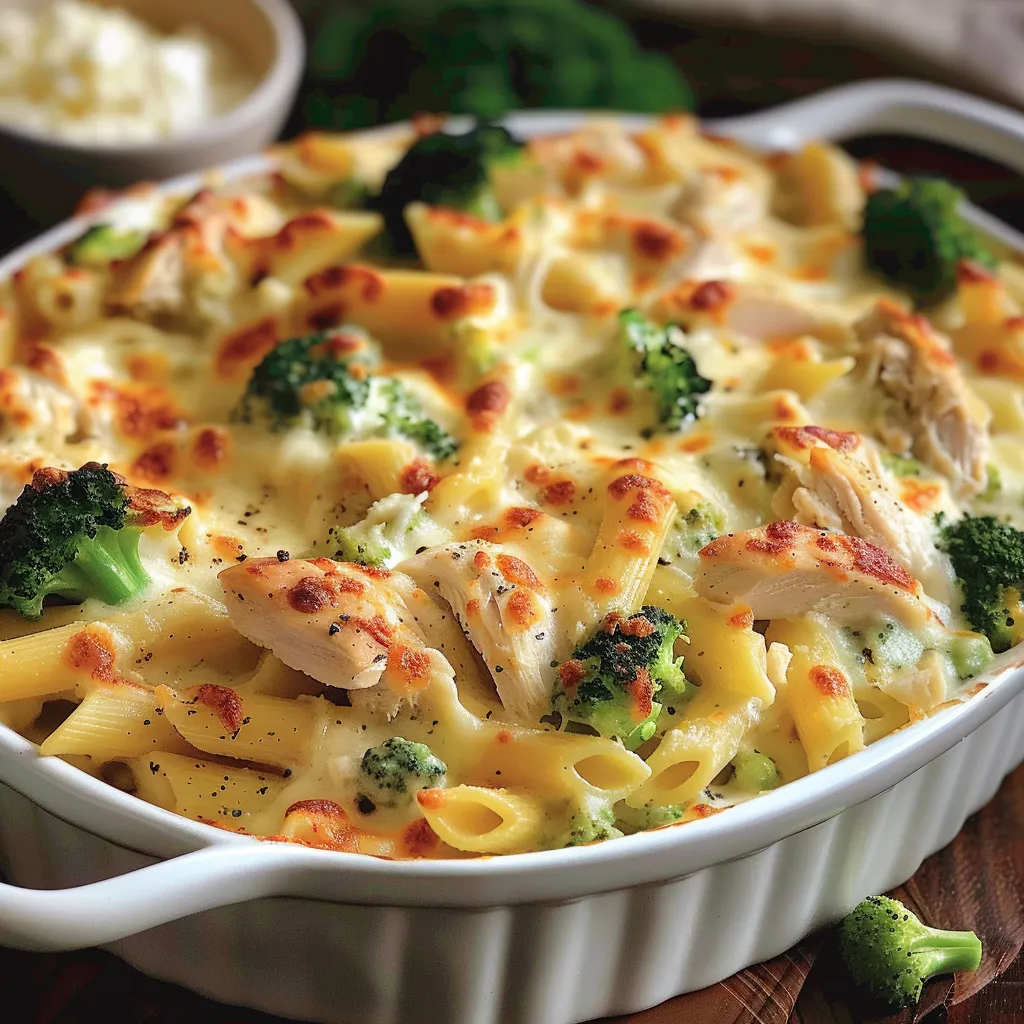 Ein weißer Teller mit einer Mischung aus Käse, Broccoli und Pasta.