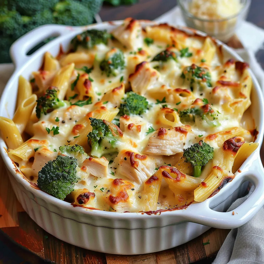 Ein weißer Teller mit einer Pasta-Garnitur, die mit Broccoli, Käse und Zwiebeln garniert ist.