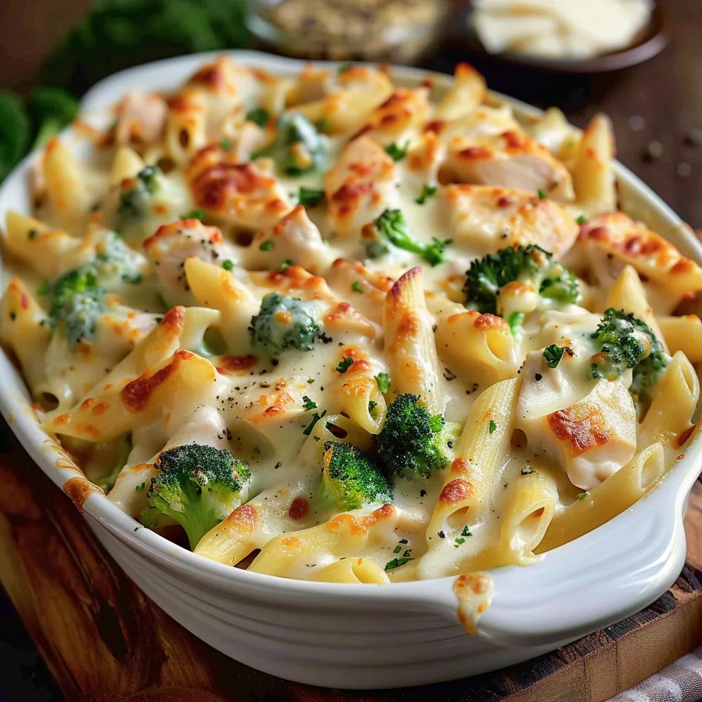 Ein weißer Teller mit Pasta, Broccoli und Käse.