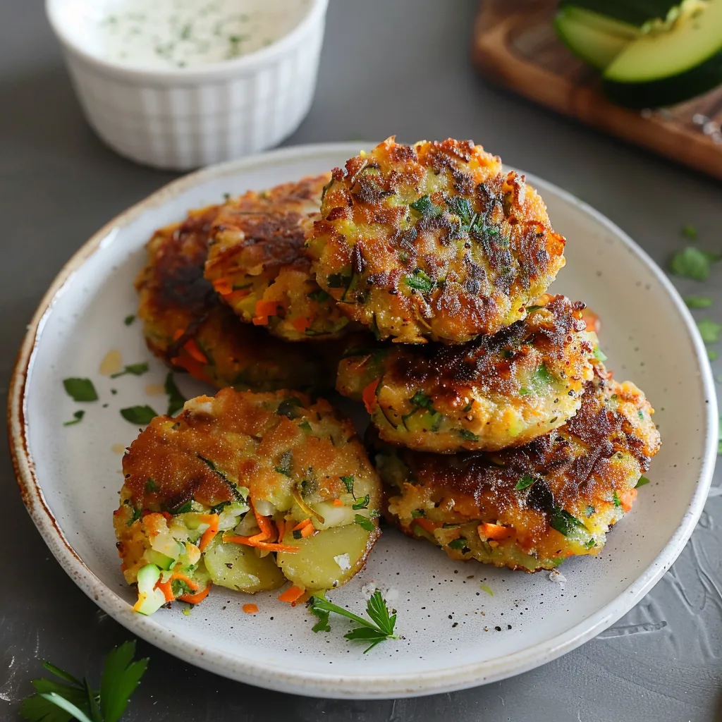 Eine Platte mit frisch zubereiteten Patties aus Kartoffeln und Zwiebeln, die mit einer Sauce garniert sind.