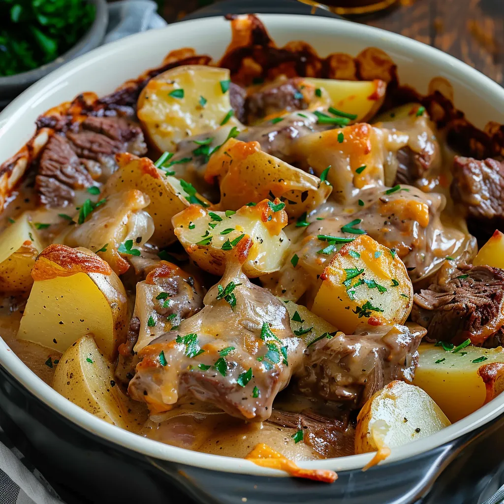 Ein weißer Teller mit einer Mischung aus Fleisch, Kartoffeln, Zwiebeln und Sauce.