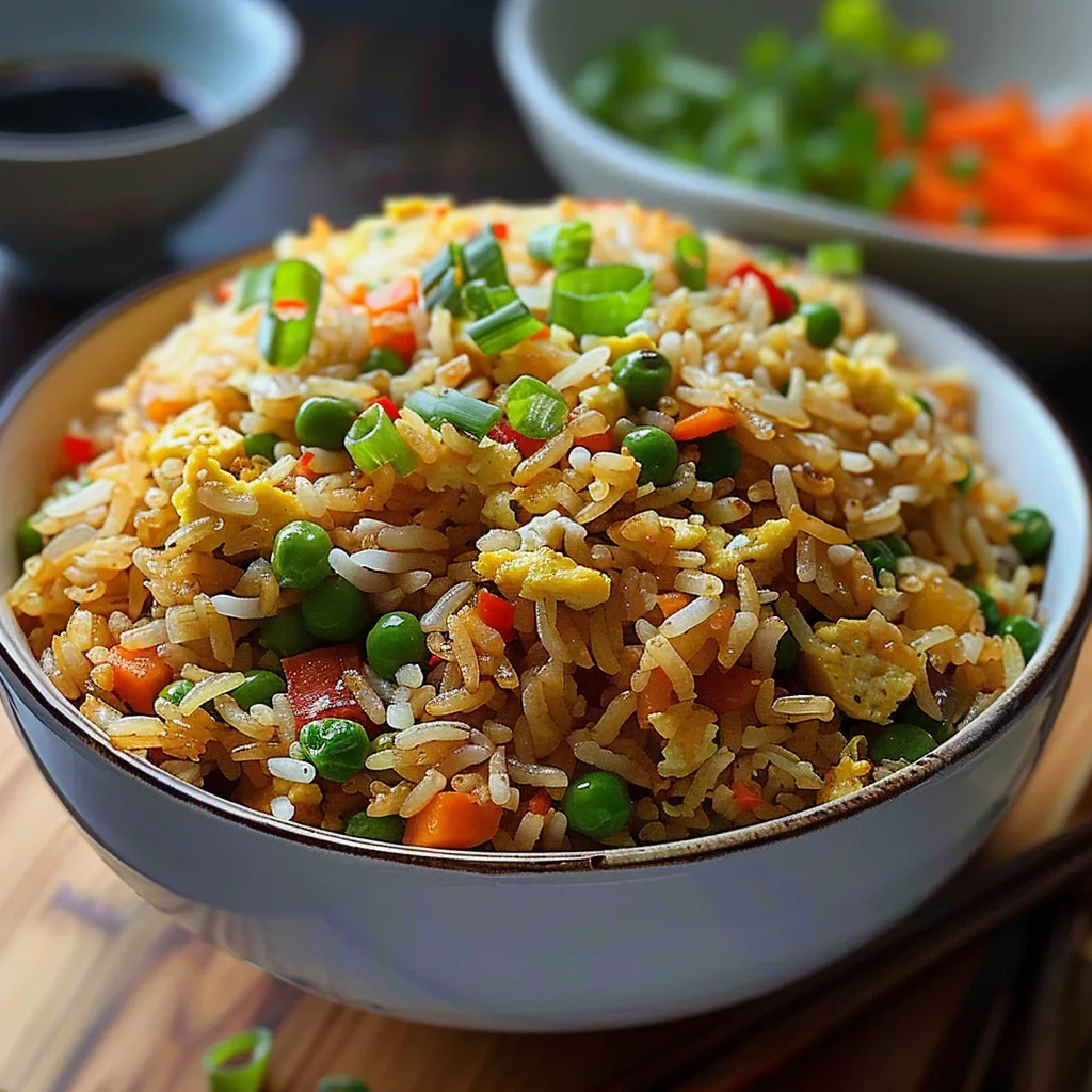 Ein großer, glatter, weißer Teller mit einer Mischung aus Reis, Peas, Karotten, Zwiebeln und Garnelen.