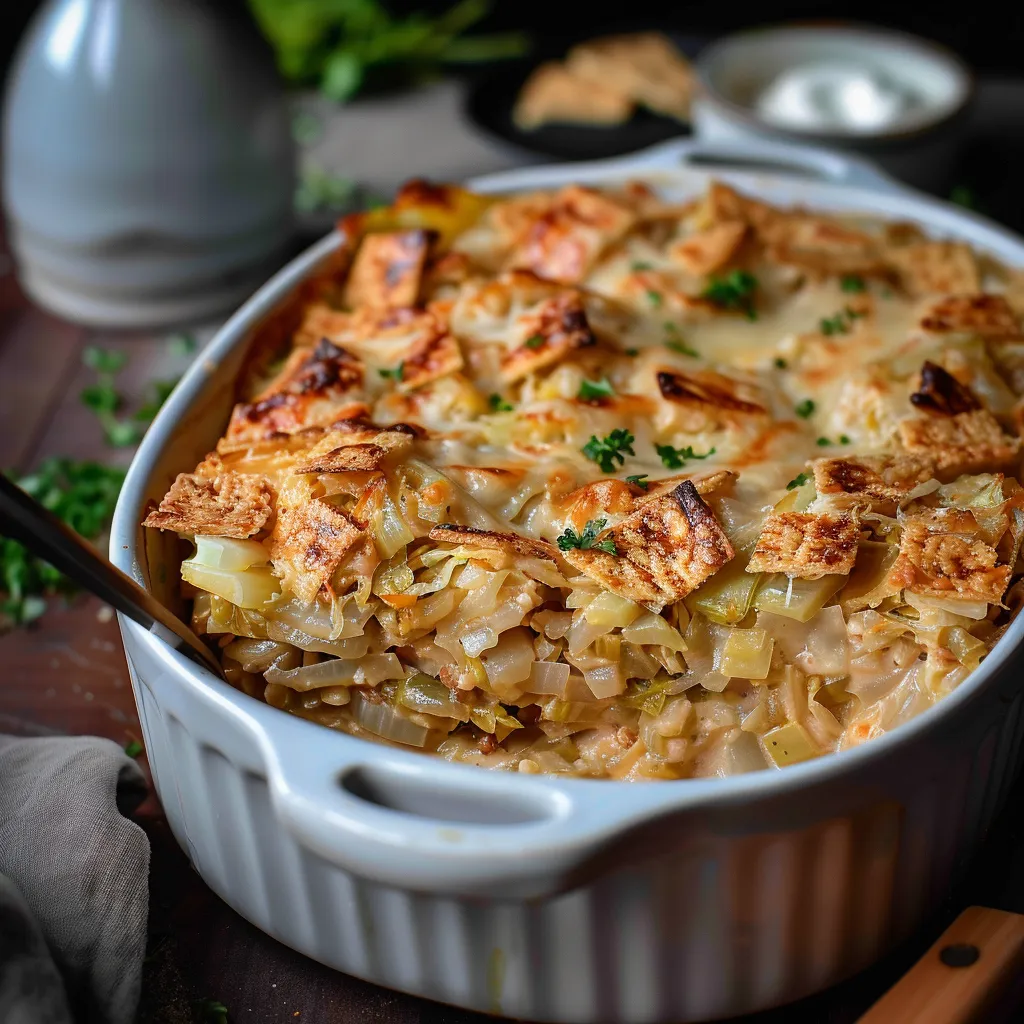 Ein weißer Teller mit einer Käse- und Gemüse-Topping, darunter eine Art von Lasagne.
