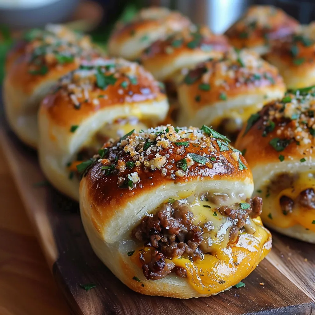 Eine Schüssel mit sechs knusprigen Baguette-Brotchen, die mit Käse und Zwiebeln gefüllt sind.