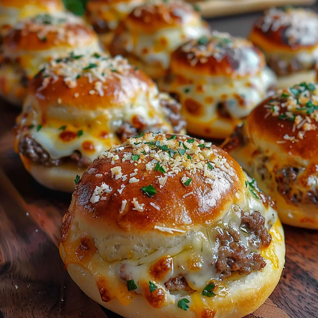 Eine Gruppe von knusprigen, golden braunen Baguettes mit Käse und Kräutern darauf.