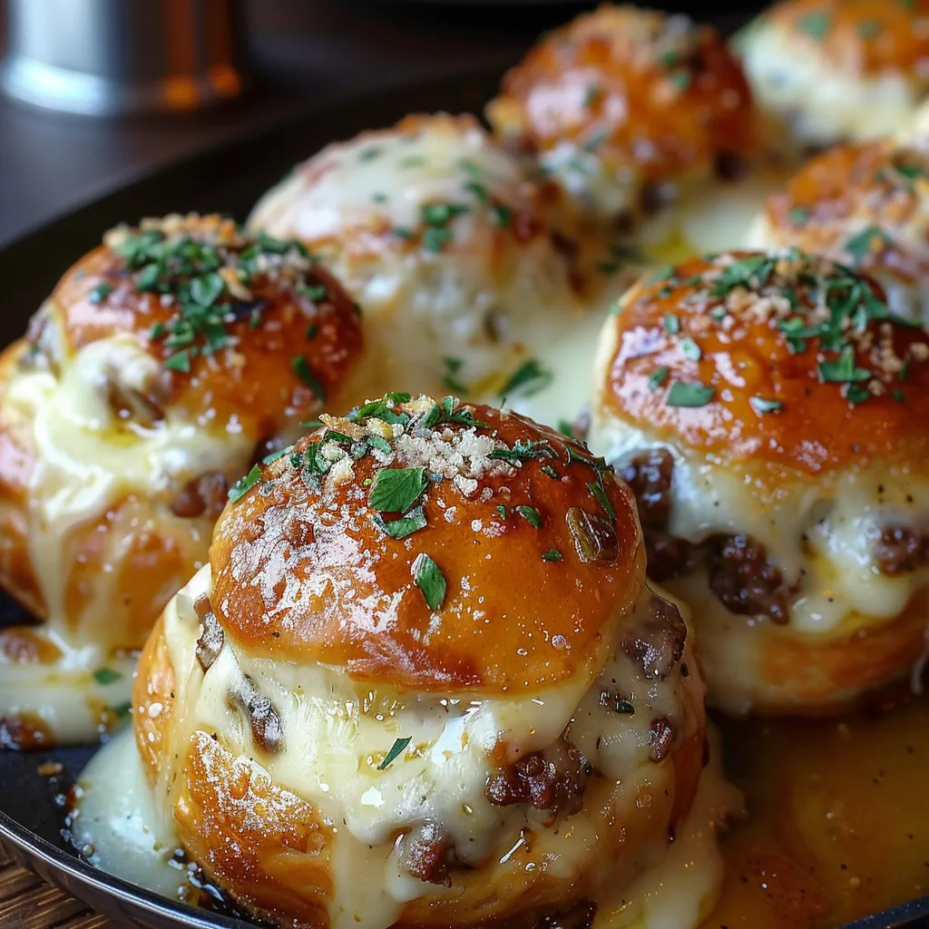 Eine Platte mit sechs Käsekugeln, die mit Parmesan und Kräutern garniert sind.