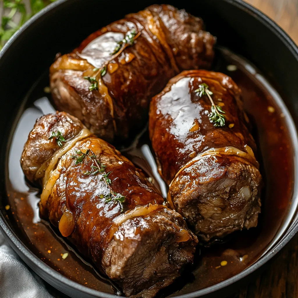 Eine Schüssel mit Rouladen in einer Soße.