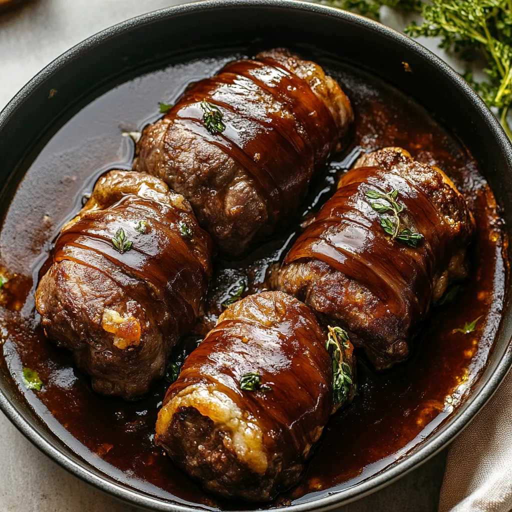 Zwei Rouladen in einem Topf, die mit Sauce und Gewürzen garniert sind.