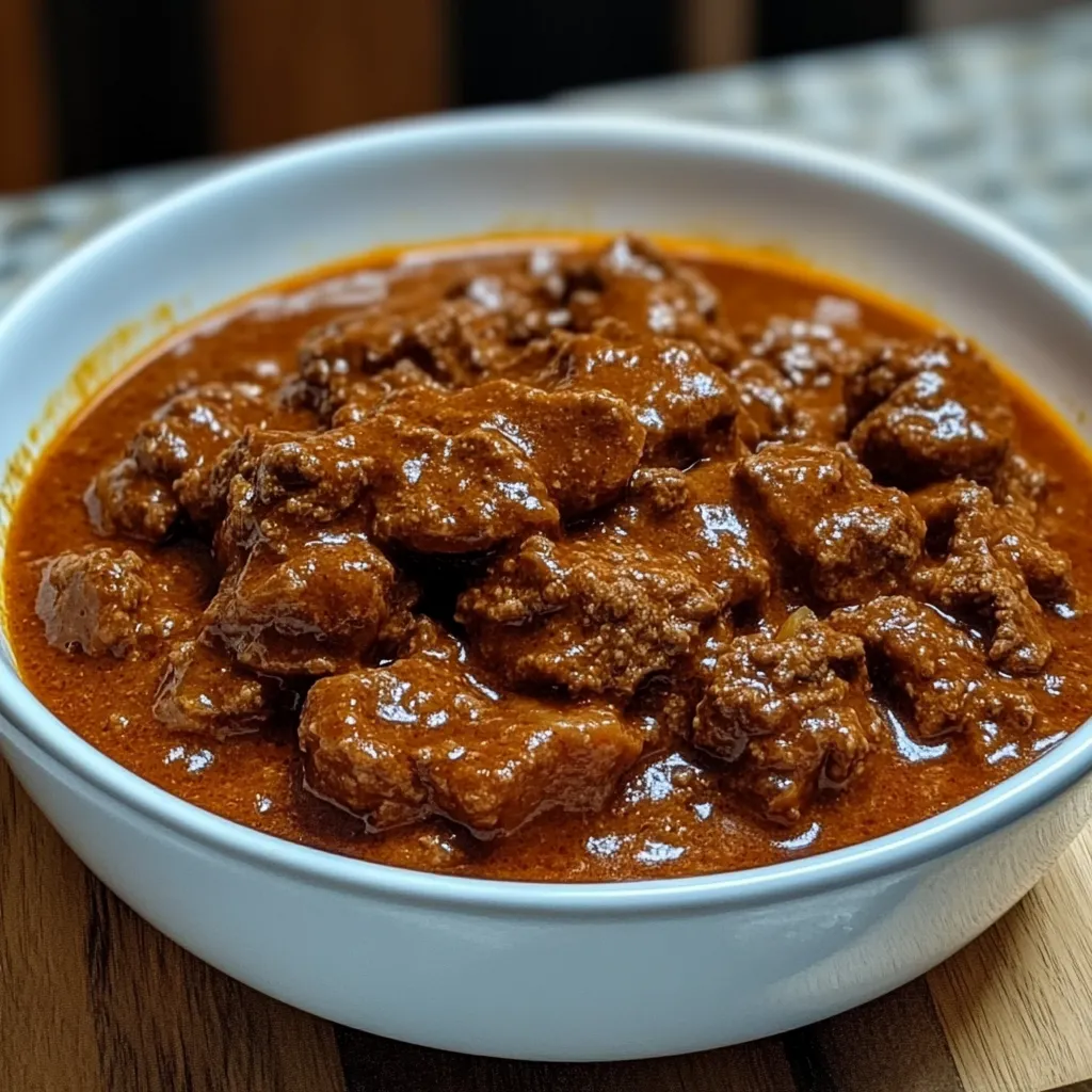 Ein weißer Teller mit Gulasch auf einem Tisch.