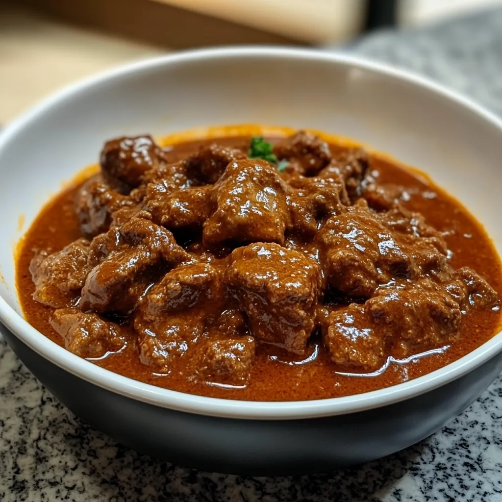 Ein weißer Teller mit Gulasch auf einem Tisch.