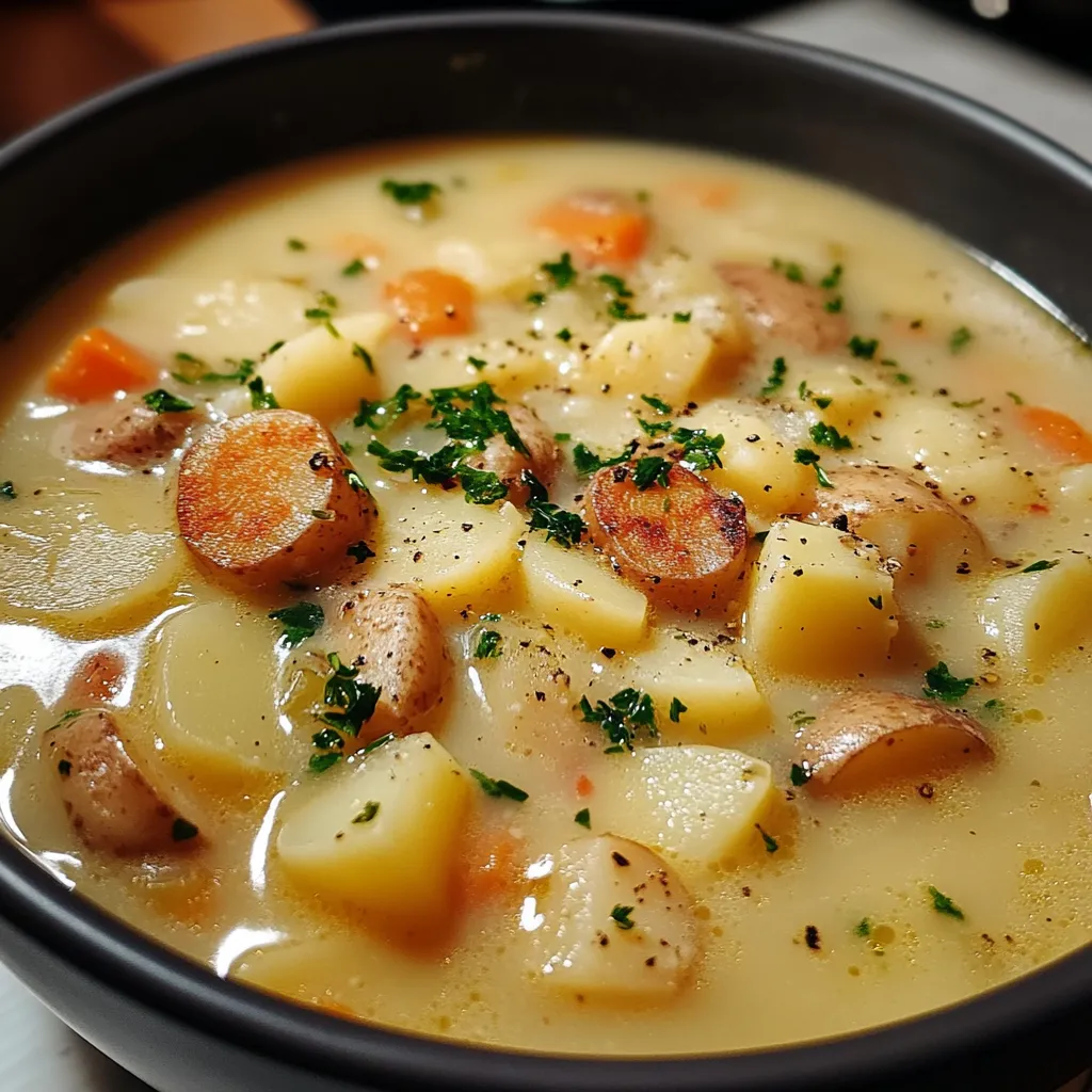 Eine Schüssel mit einer Suppe, die aus Kartoffeln, Zwiebeln und Schweinchen besteht.