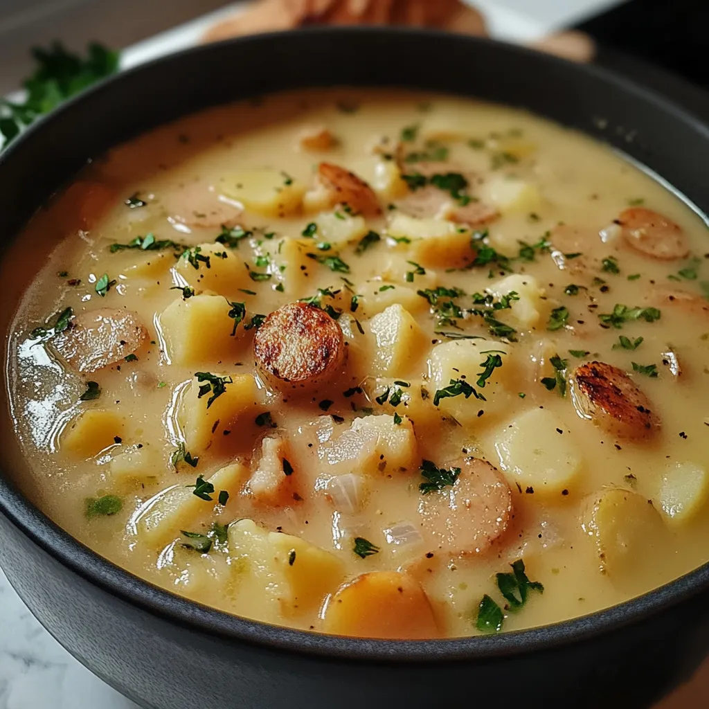 Eine Schüssel mit einer Suppe, die aus Kartoffeln, Zwiebeln und Knoblauch zubereitet wurde.