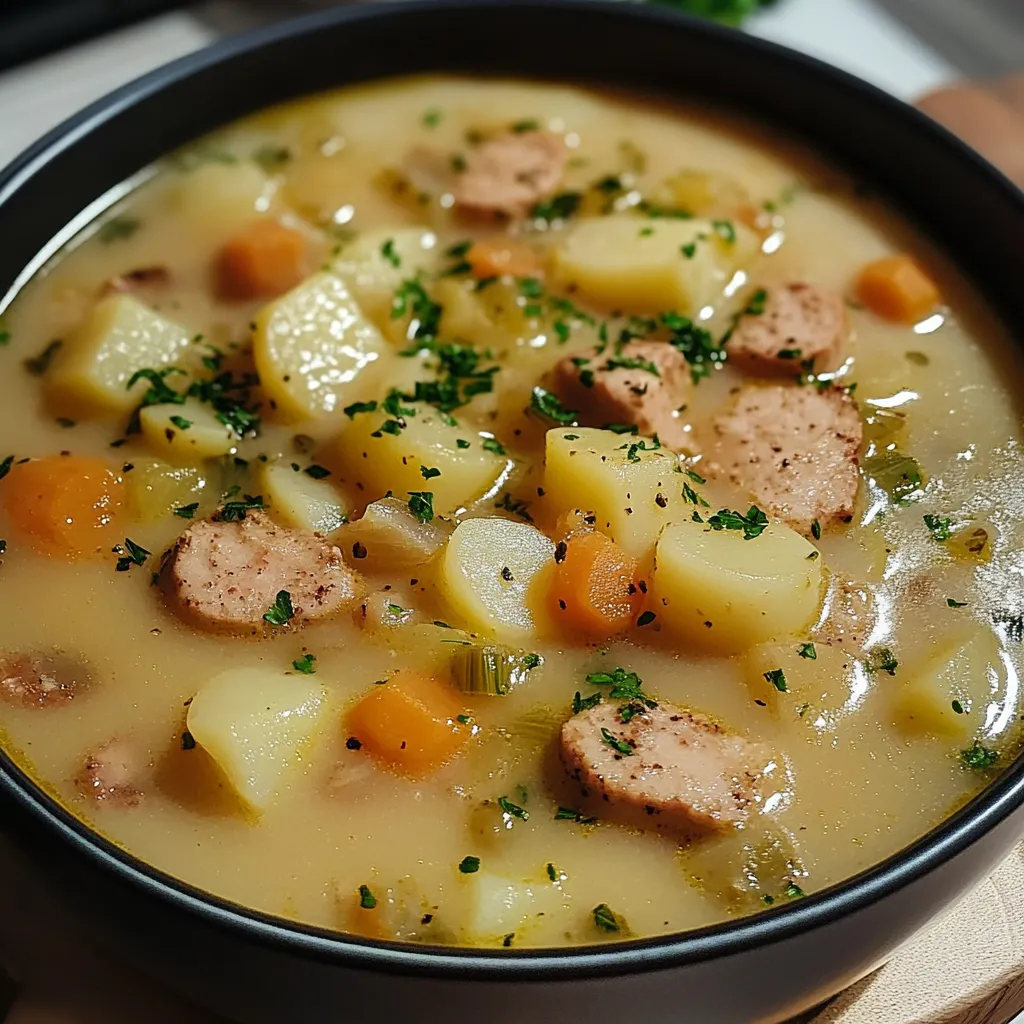 Eine Schüssel mit einer Suppe, die aus Kartoffeln, Zwiebeln und Schweinefleisch hergestellt wurde.