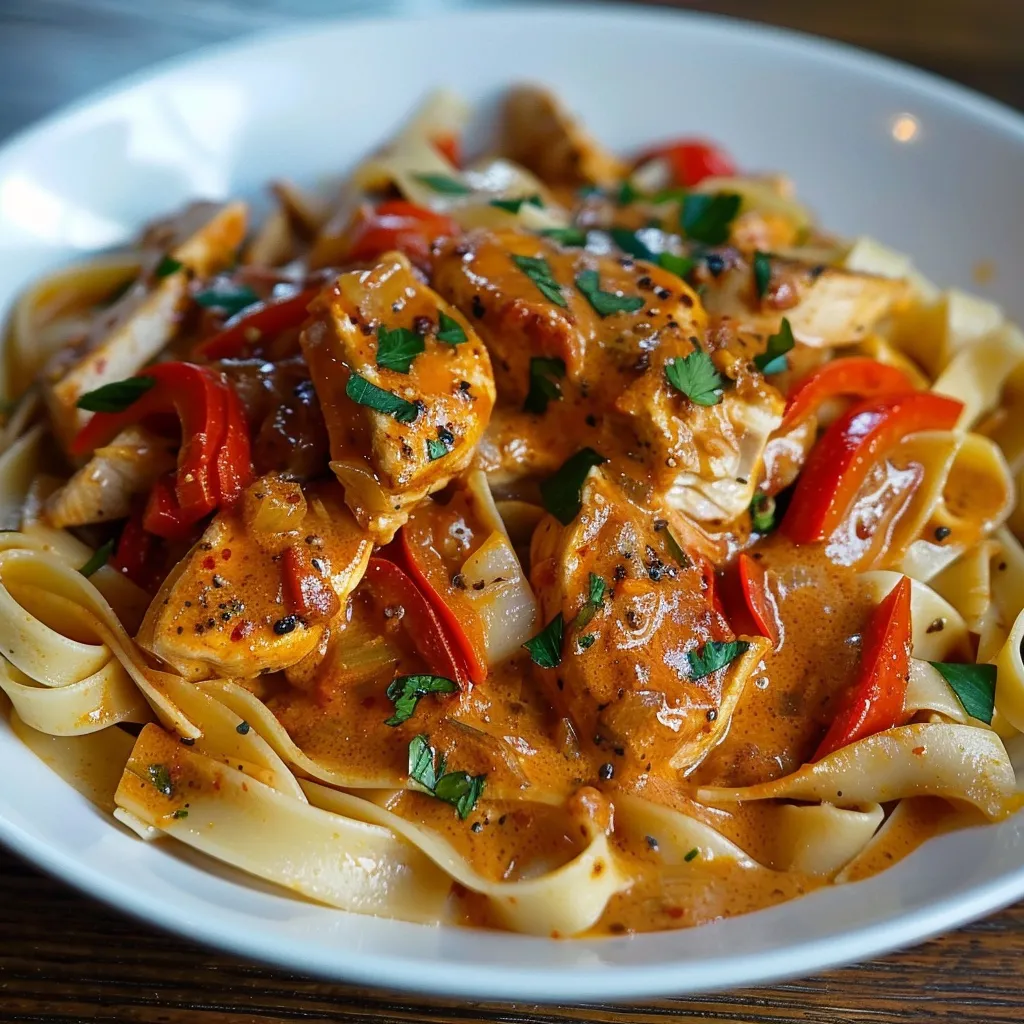 Ein weißer Teller mit Pasta, Chicken und Tomaten.